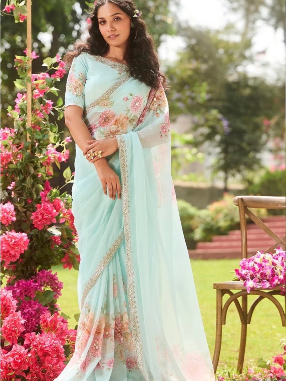 LASHKARAA  Mint Blue Floral Embroidered Chiffon Saree size XL NWT